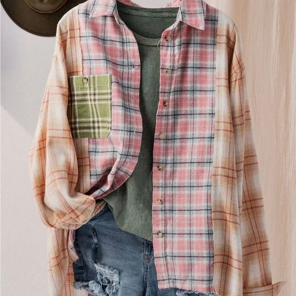 NWT Diatressed Pastel Plaid Oversized Flannel Shirt